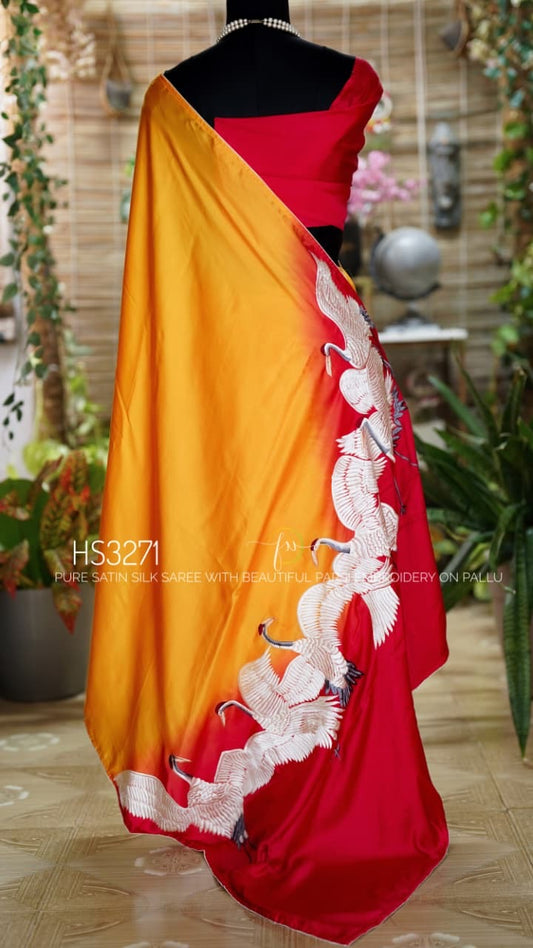 Parsi Gara Orange Gradient Satin Silk Saree with White Cranes