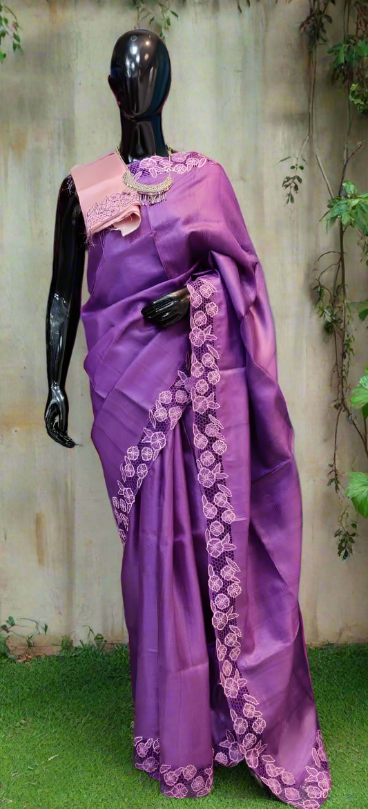 Cutwork on desi tussar silk saree with silk mark certified, brinjal violet saree