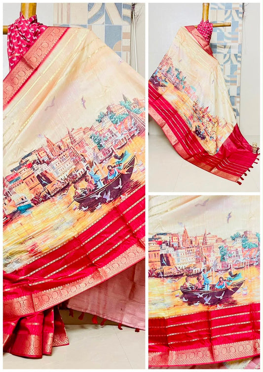 Chanderi Silk Saree with Allover Print Ganga Ghat Picture