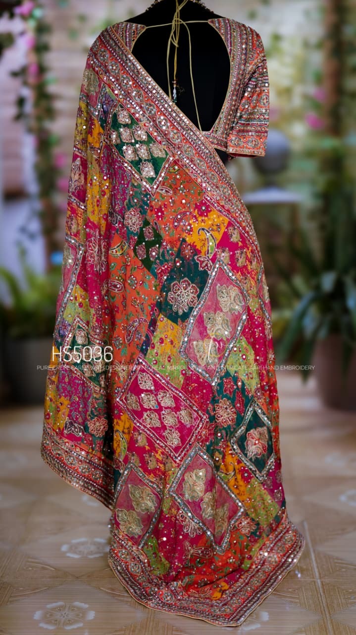 Celeb inspired chinnon silk saree , A Royal collection, stitched blouse
