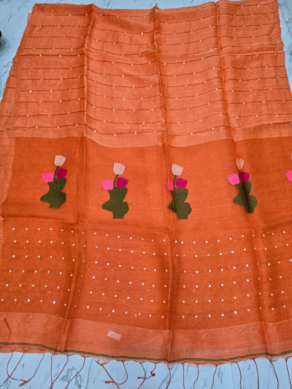 Trending silk linen jamdani saree with sequins work on pallu