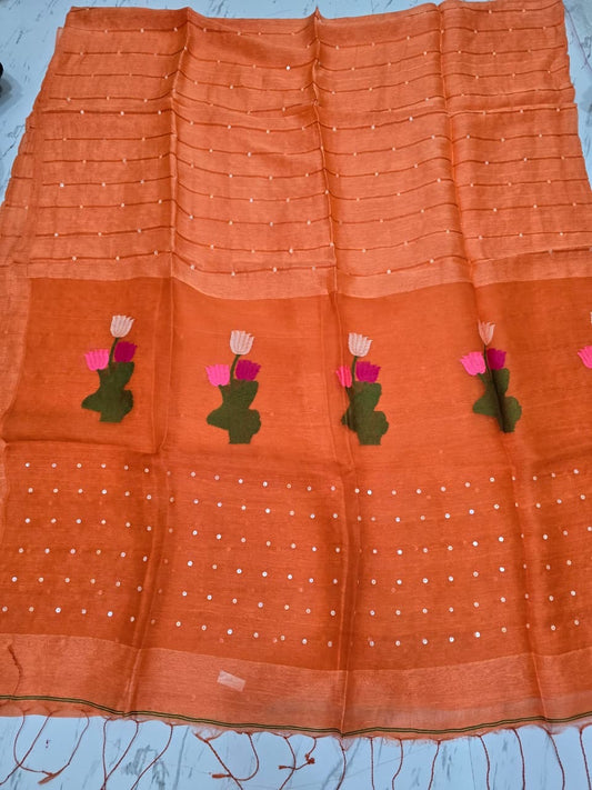 Trending silk linen jamdani saree with sequins work on pallu