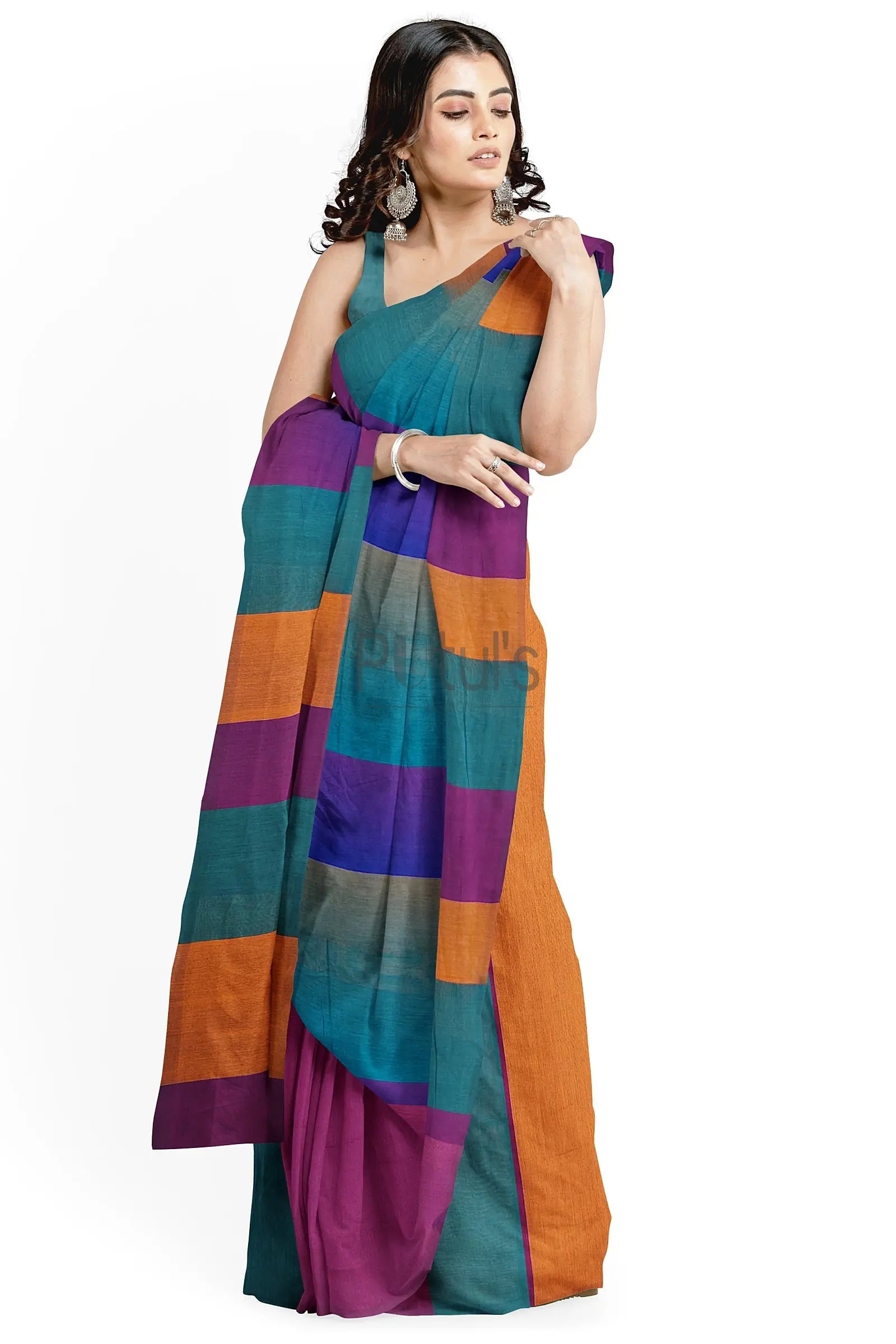 Colour blocked khadi cotton saree Putul's Fashion