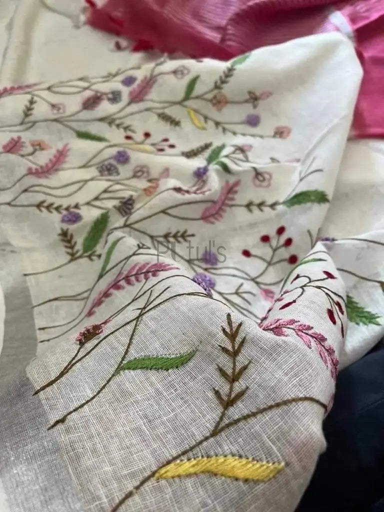 Computer embroidery on majestic Linen saree Super soft quality Putul's Fashion