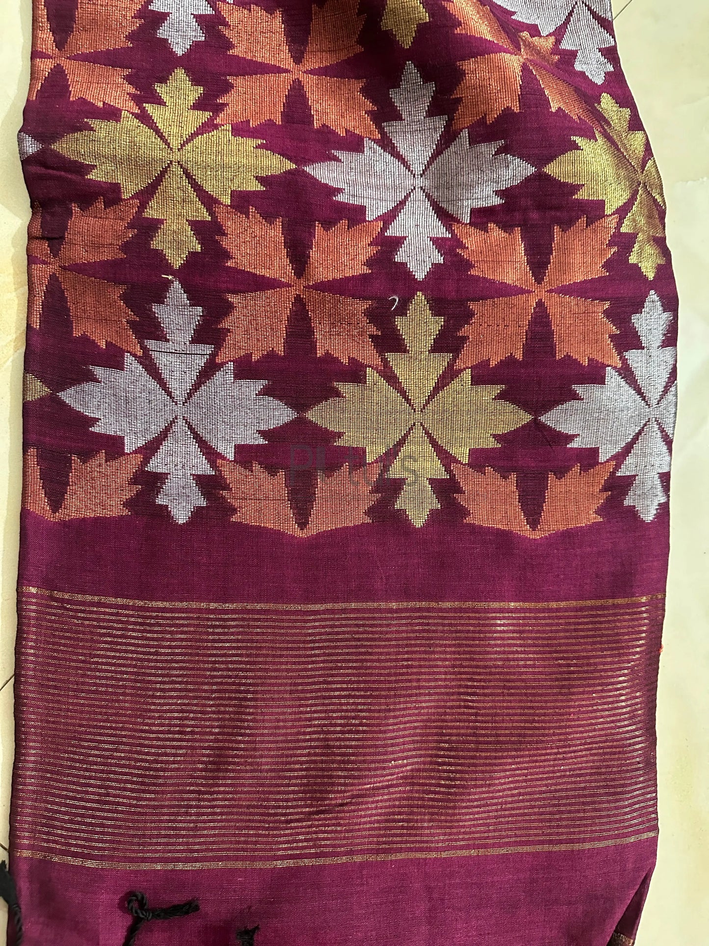 Copper silver and gola zari pallu on the mercerized cotton saree Putul's Fashion