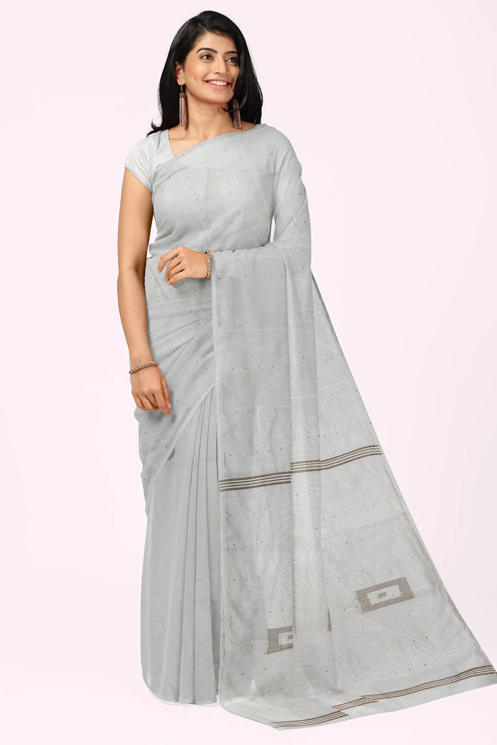Cotton silk handloom sequins saree white Putul's fashion
