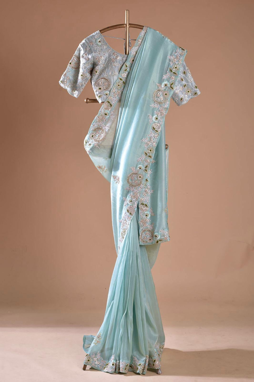 Jimmy Choo designer saree sky blue, unstitched blouse