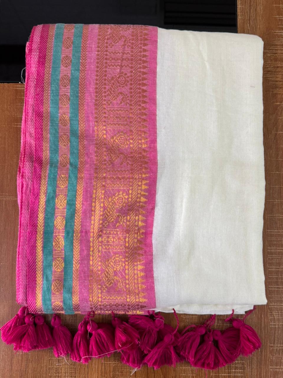 Pink and Teal Bengal Origin mul Cotton Saree with Golden Hibiscus hand paint