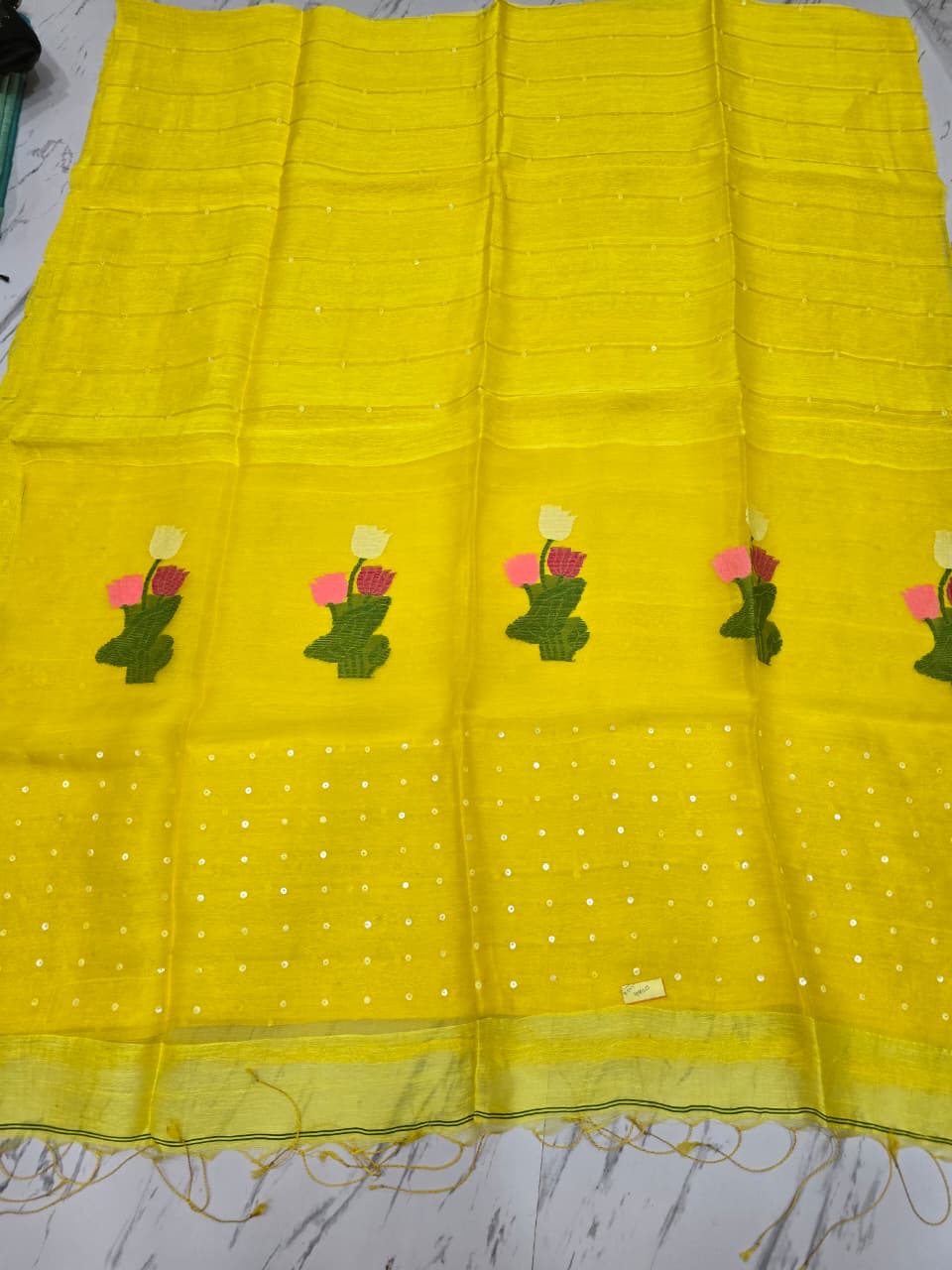 Trending silk linen jamdani saree with sequins work on pallu