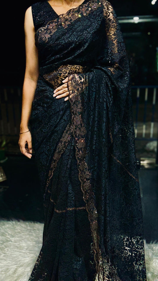 Black Coloured Lace Saree with Scallop Border