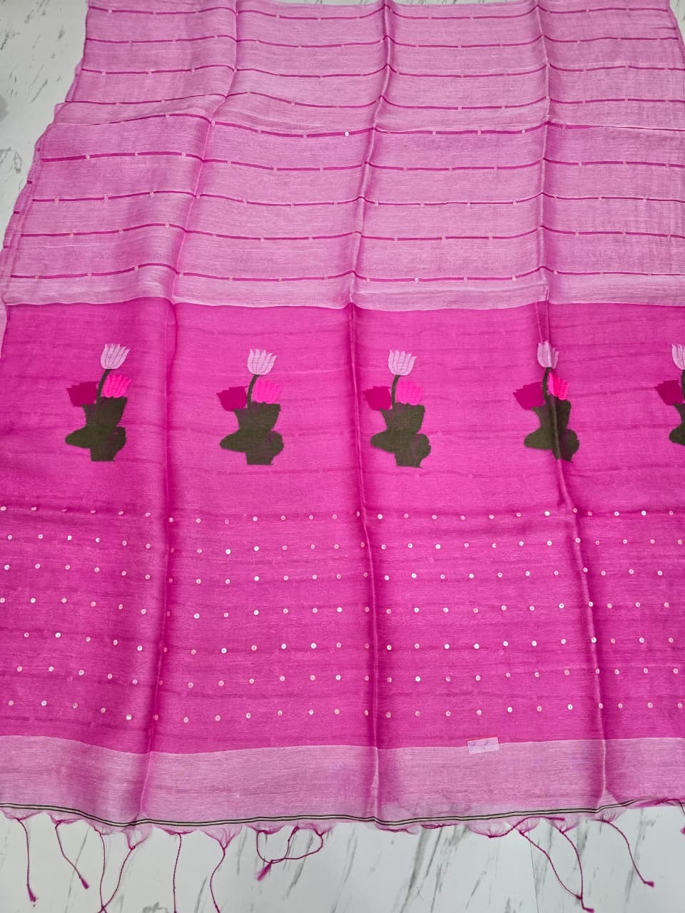 Trending silk linen jamdani saree with sequins work on pallu