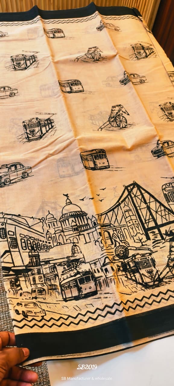 Putul's Fashion White Saree with Kolkata Victoria Print Screen Print Design