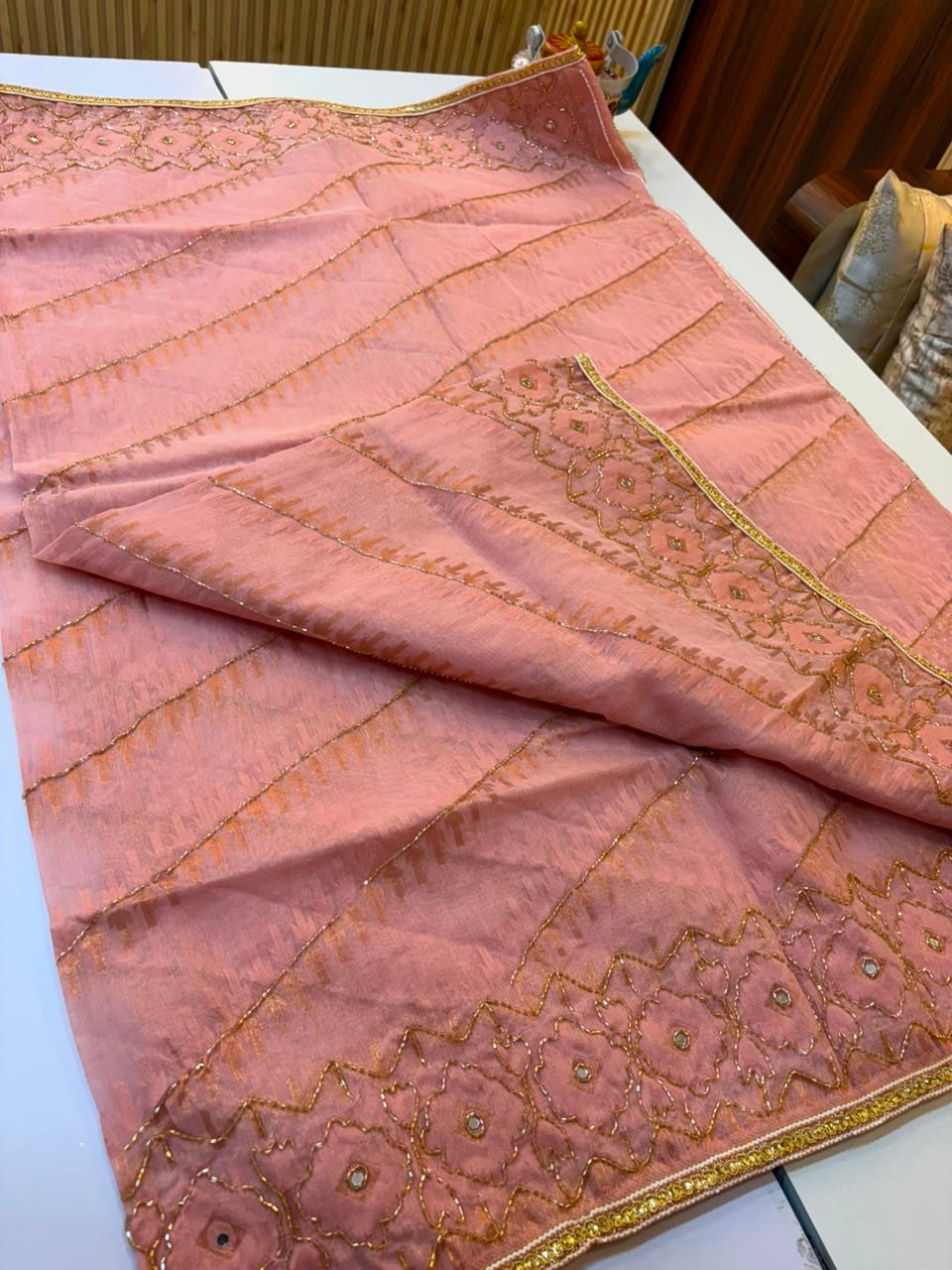 Kardana worked dhakai jamdani trending peach colour