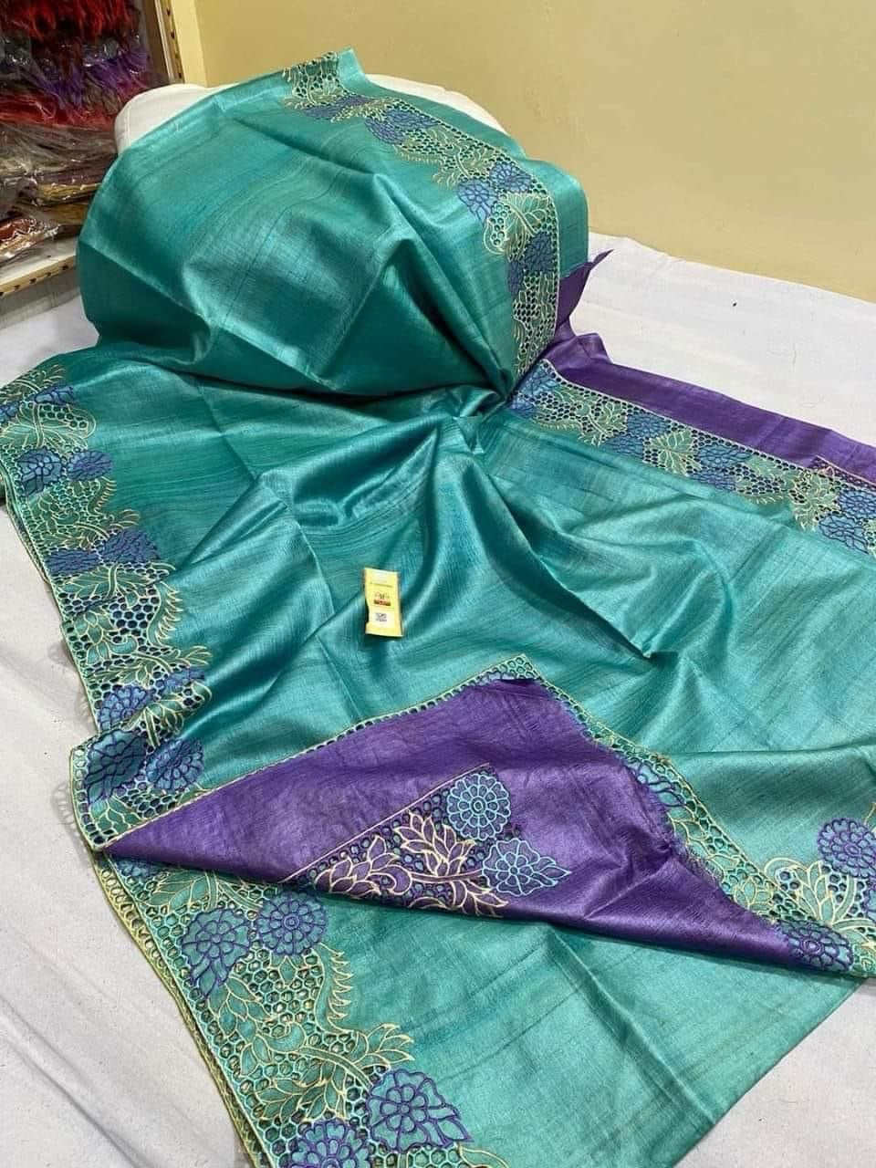 Tussar bi tussar cutwork embroidery silk marked saree