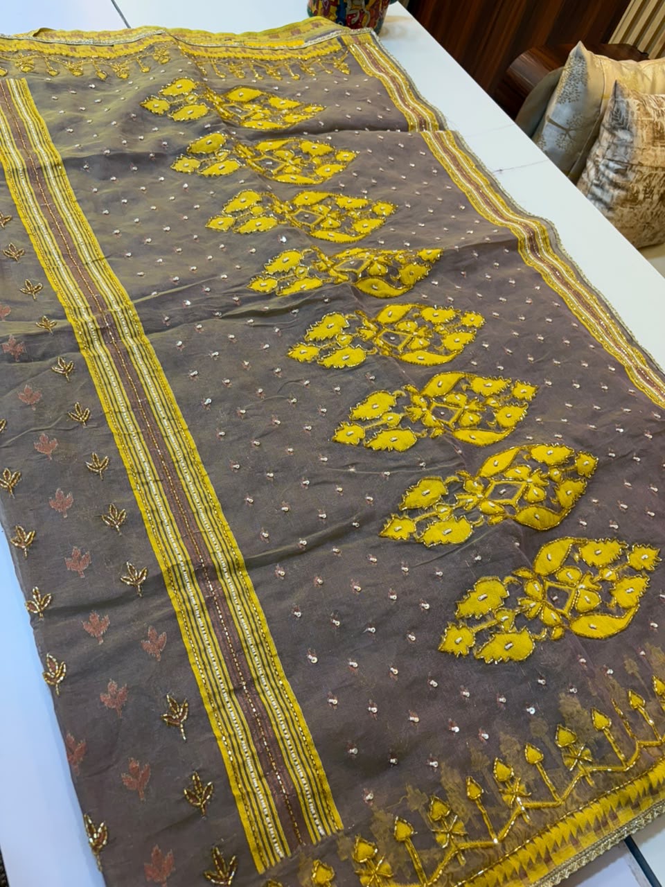 Cutdana work on Bengal origin soft dhakai jamdani sare, Double bit work