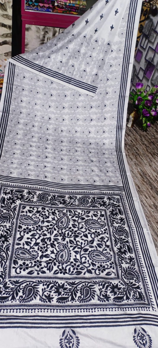 White kantha stitch saree on blended Bangalore silk