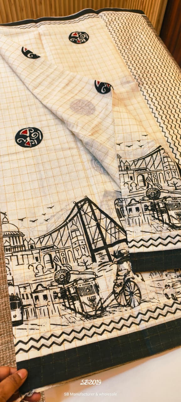 Putul's Fashion White Saree with Kolkata Victoria Print Screen Print Design