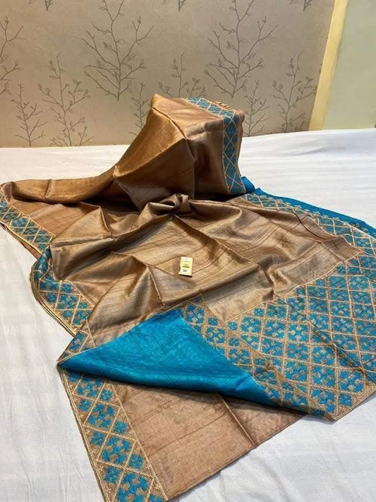 Embroidered Tussar Silk Saree with Silk Mark Certification