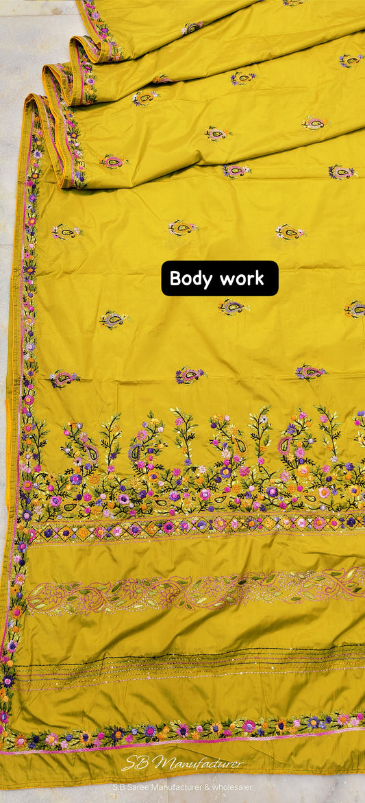 Hand parsi work on blended Bangalore silk saree boutique collection - Boutique saree