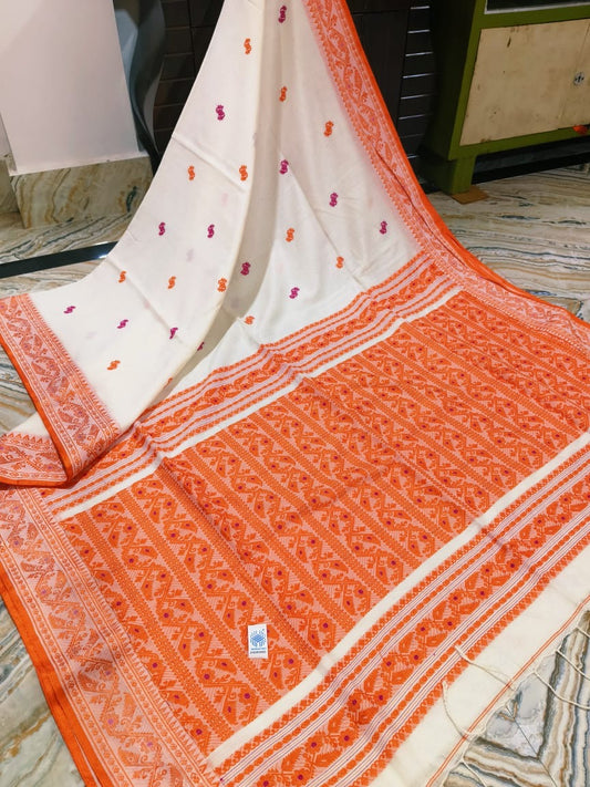 White orange cotton saree for Puja