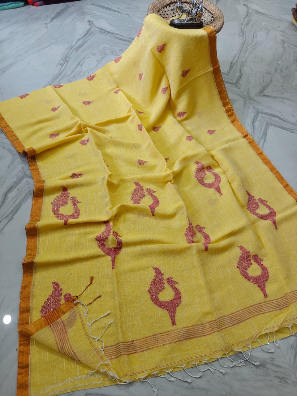 Linen jamdani saree peacock motif