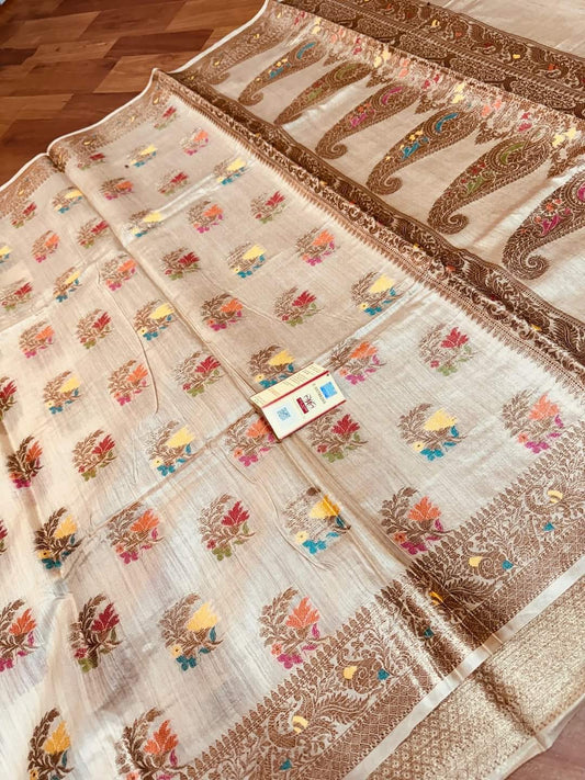 Tussar Muga Banarasi silk saree weaving work on saree silk mark - Cream - Tussar saree