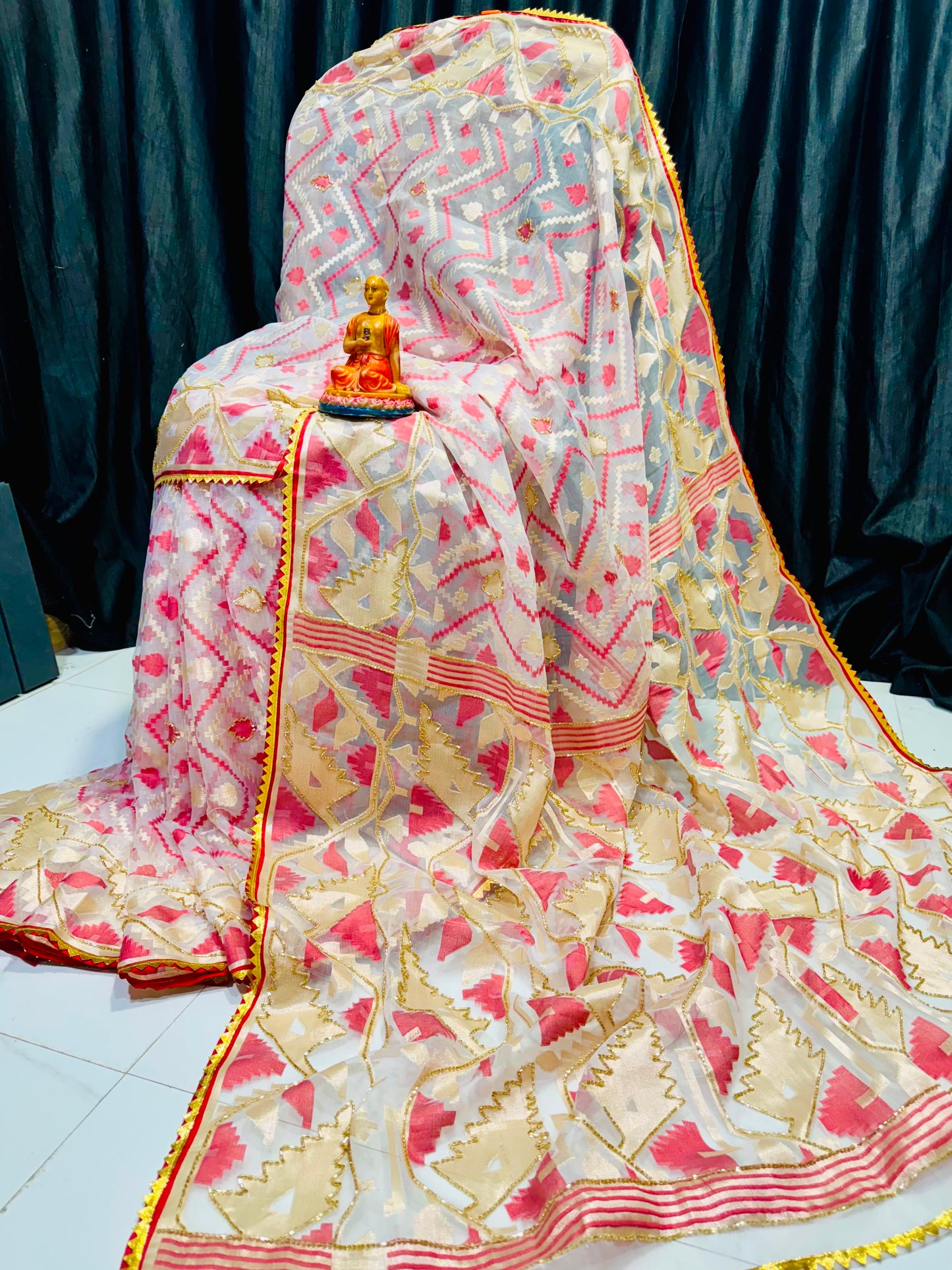 Kardana work on muslin jamdani saree