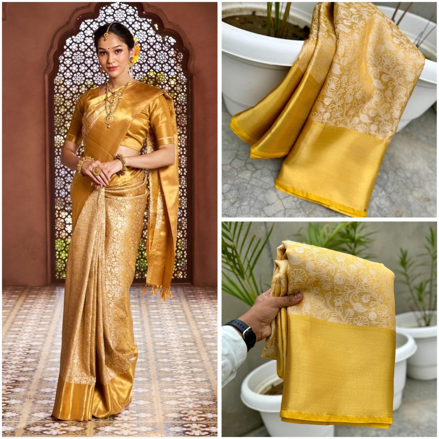 Tissue kanjivaram silk saree golden colour