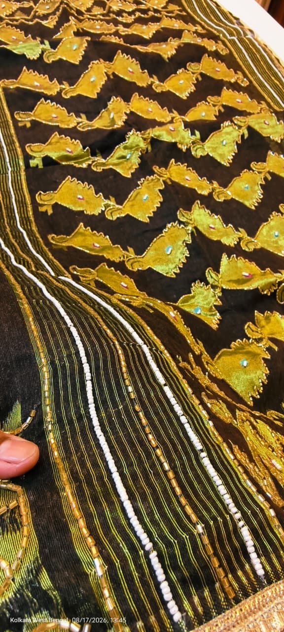 Black Handmade karchupi work on mercerised cotton jamdani saree