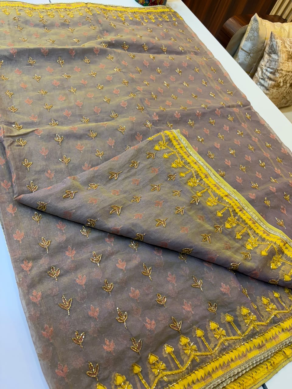 Cutdana work on Bengal origin soft dhakai jamdani sare, Double bit work