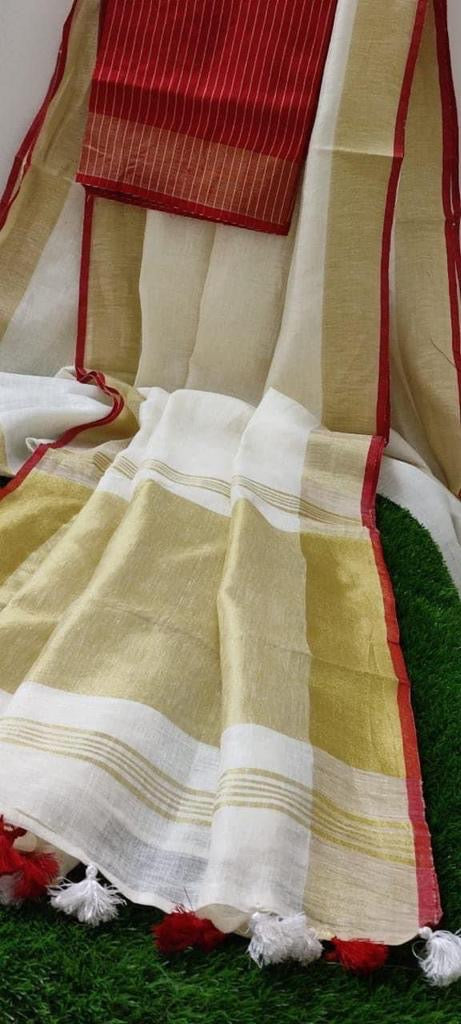 Onam special white linen saree