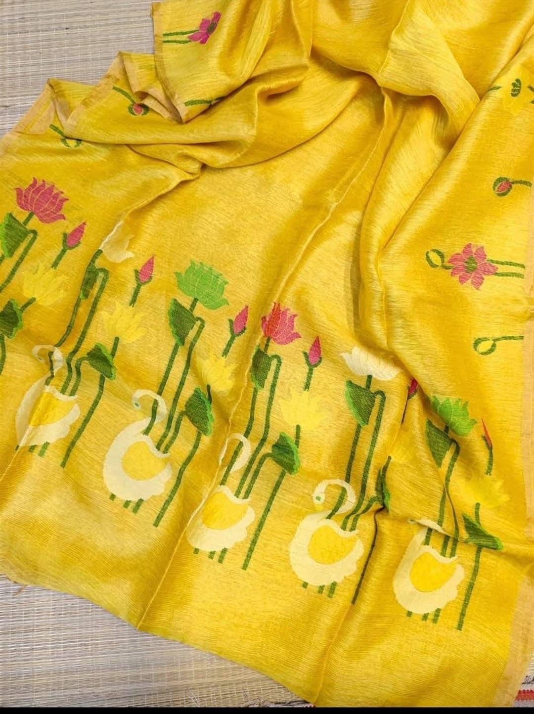 Silk linen jamdani saree lotus motif