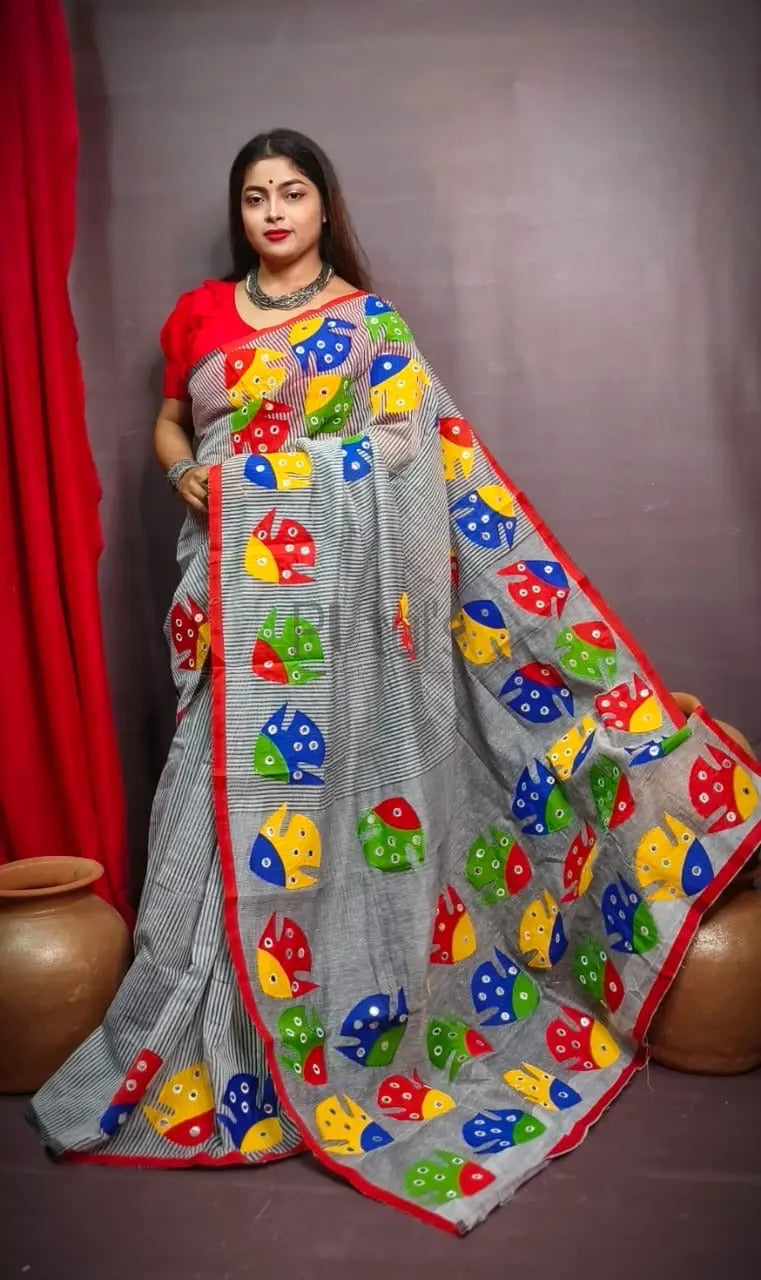 Fish motif Mirror work Applique saree on noyel fabric Putul's Fashion