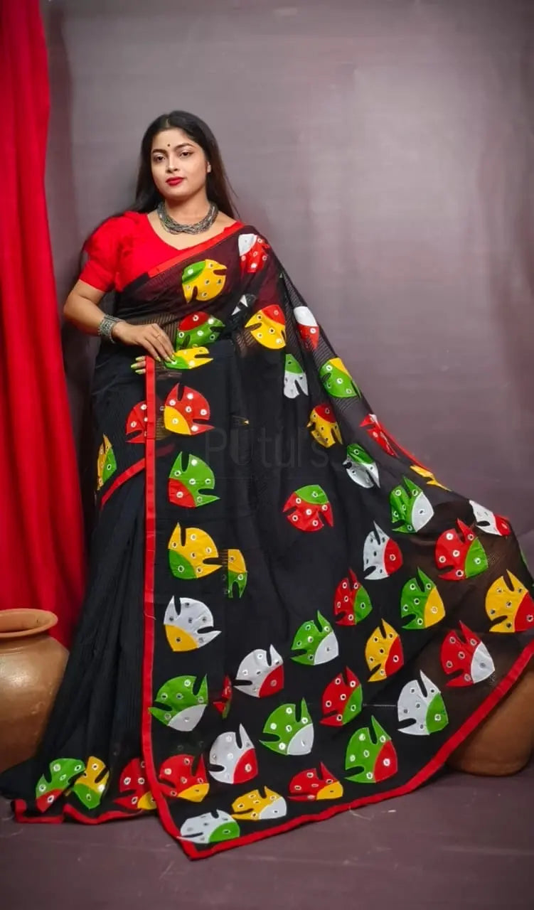 Fish motif Mirror work Applique saree on noyel fabric Putul's Fashion