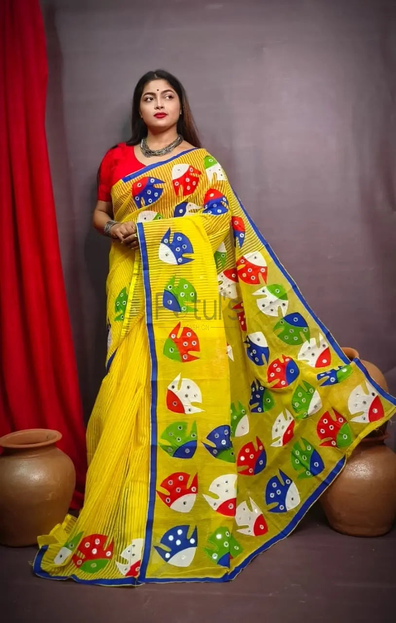 Fish motif Mirror work Applique saree on noyel fabric Putul's Fashion