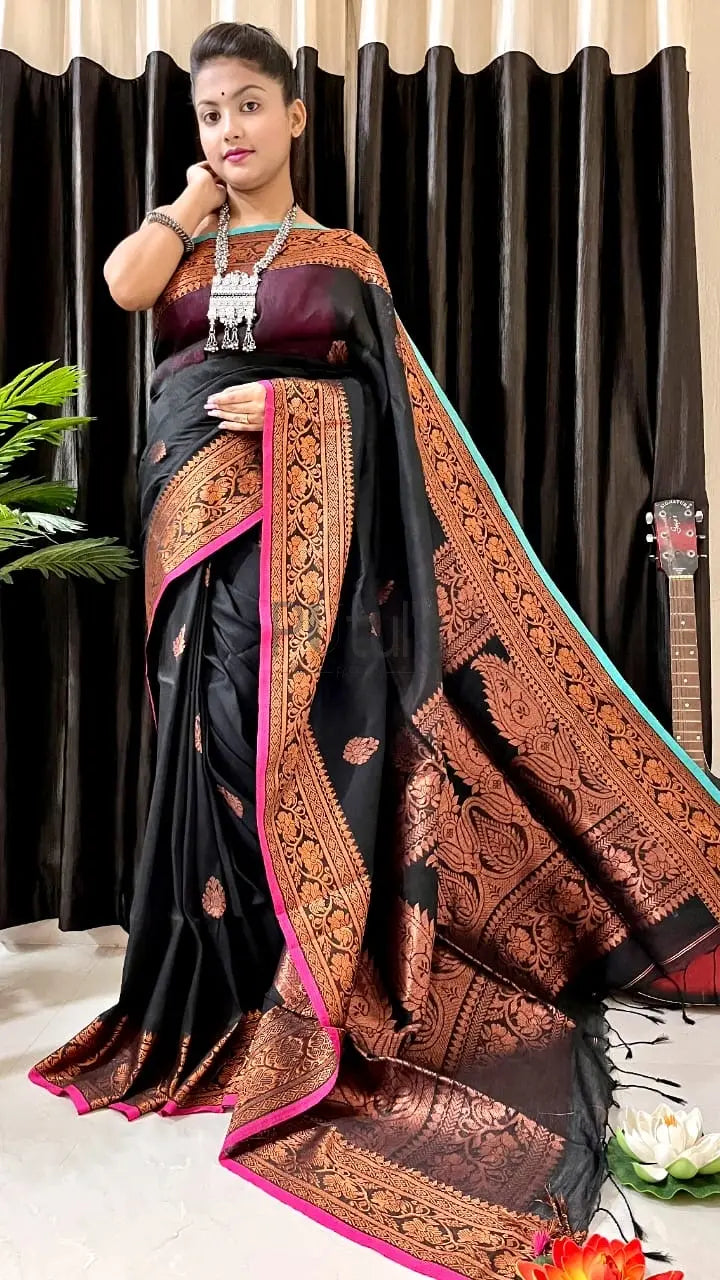 Ganga yamuna mercerized cotton saree of black colour Putul's Fashion