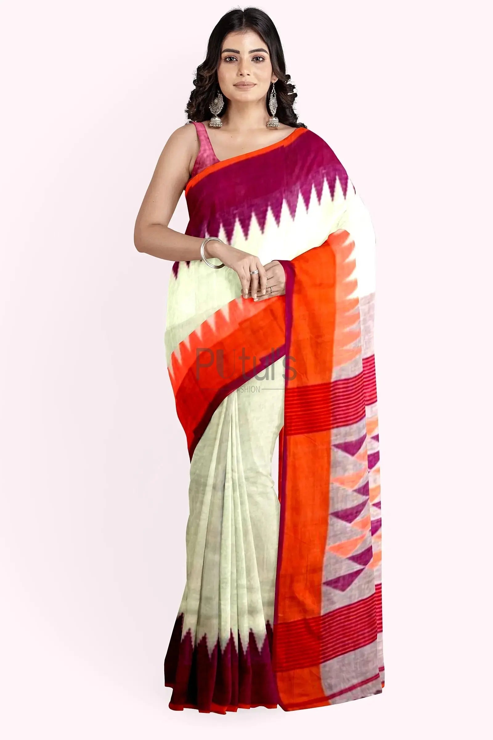 Ganga yamuna white organic linen saree - Putul's Fashion