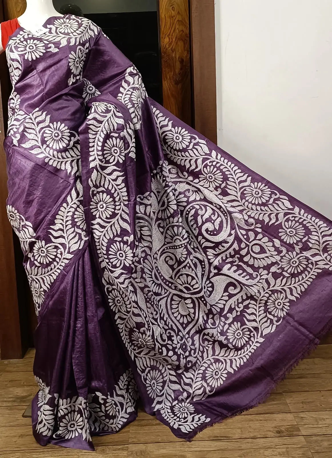 Handcrafted Bolpur Kantha stitch saree of bright brinjal colour silk mark certified Putul's Fashion