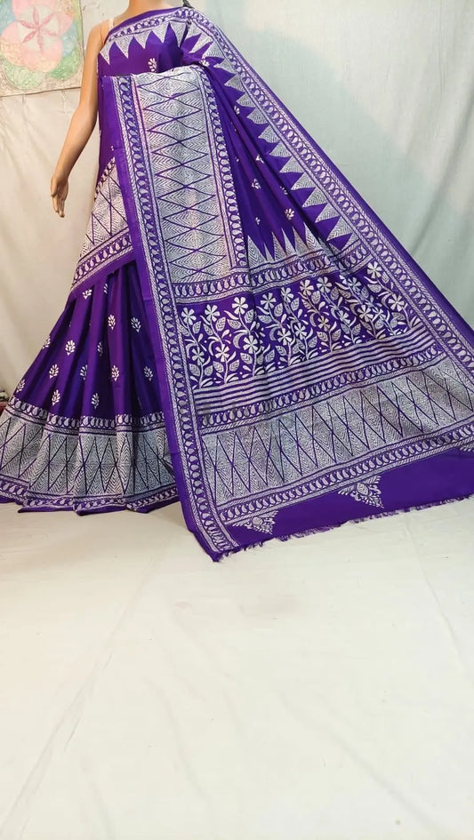 Handcrafted Bolpur Kantha stitch saree of bright brinjal colour. Putul's Fashion