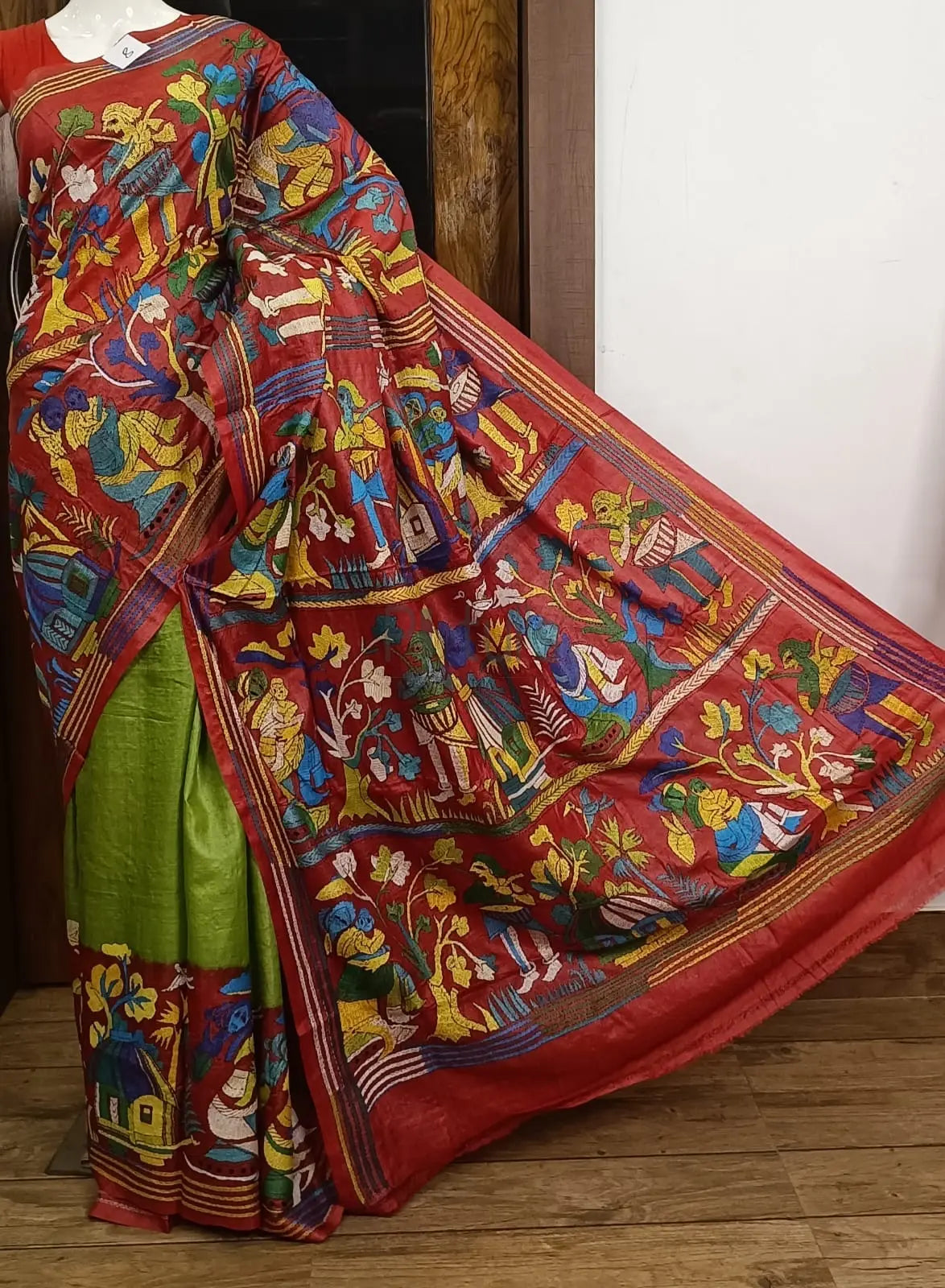 Handcrafted Bolpur Kantha stitch saree of green colour silk mark certified Putul's Fashion
