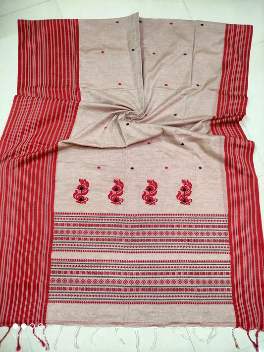cream red mercerized cotton handloom saree