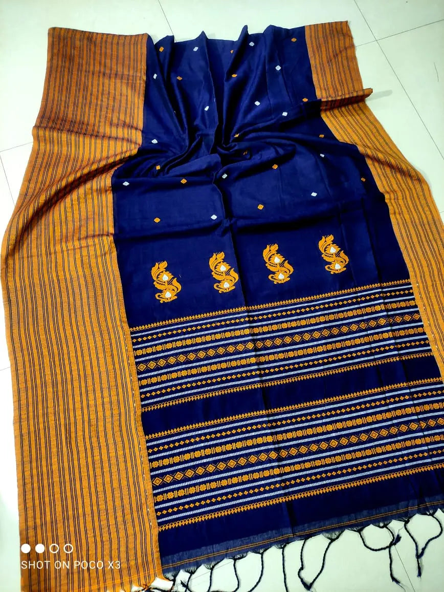 Handloom mercerised cotton saree blue yellow border Putul's fashion