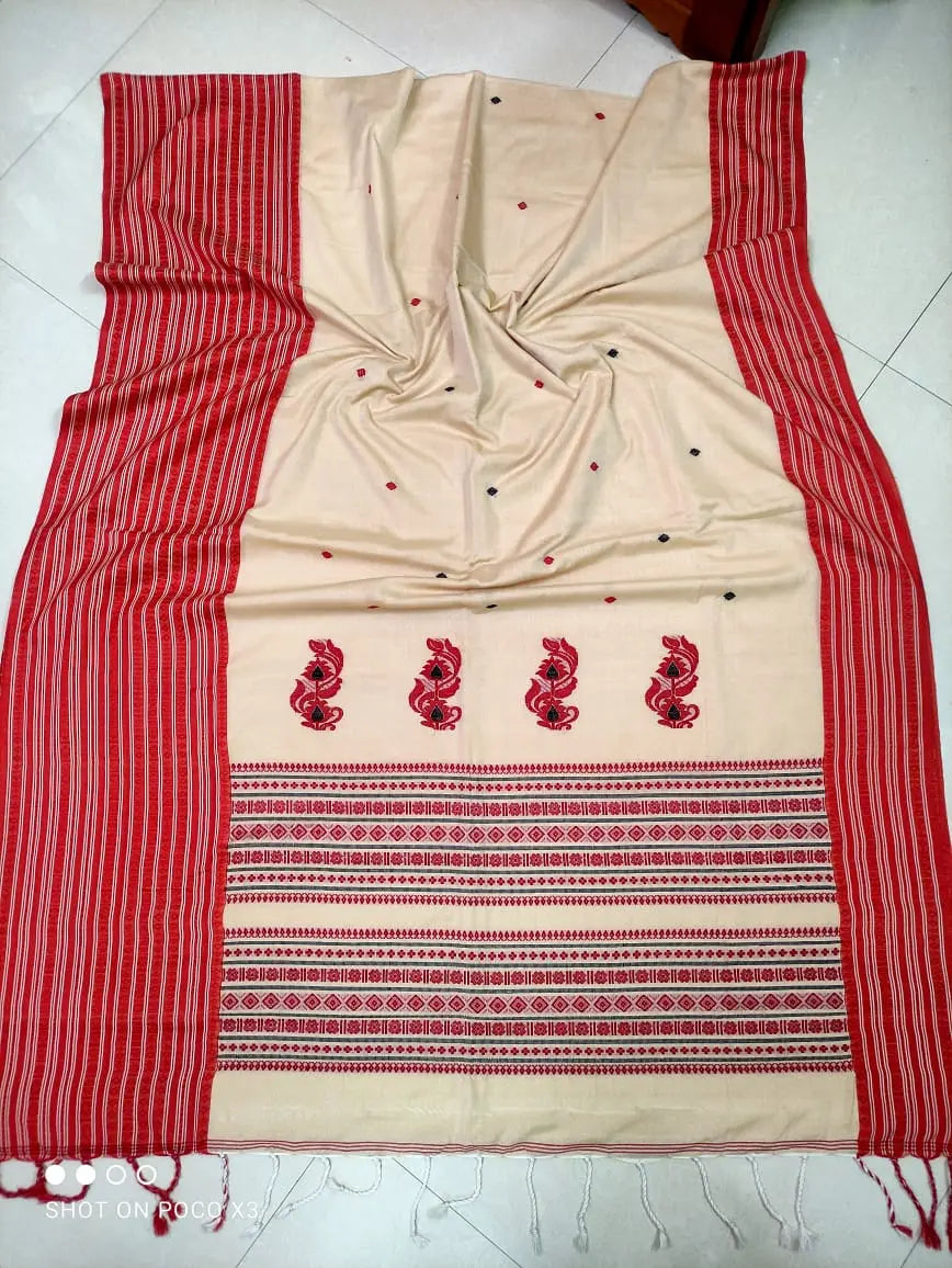 mercerised cotton saree cream red