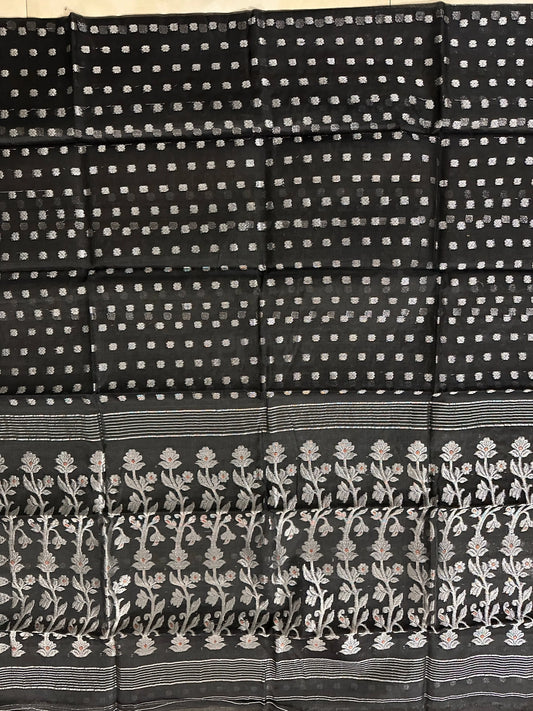 Handwoven pure black Muslin saree with silver zari work no blouse piece Putul's Fashion