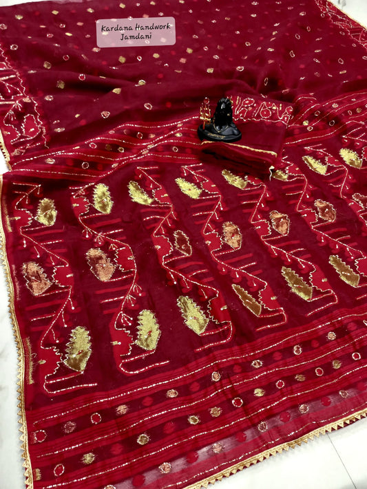 Red jamdani  with cutdana work with blouse piece