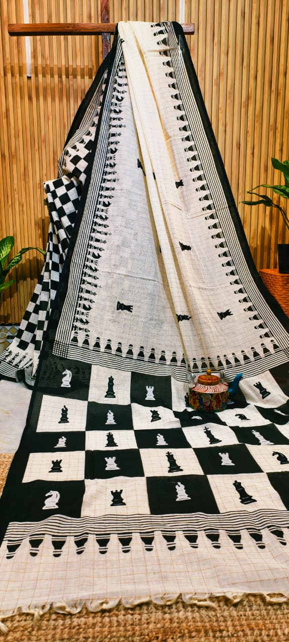 White and Black Appliqué Taant Block Print Saree