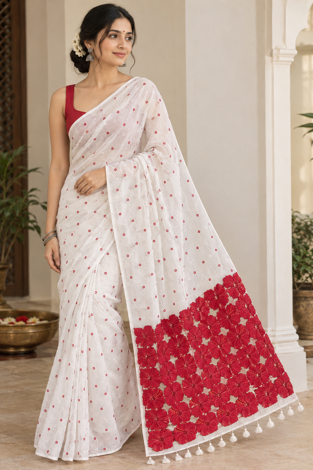 Puja special mul cotton cutwork pallu saree , No blouse