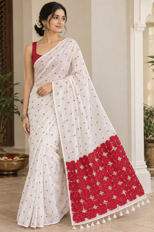 Puja special mul cotton cutwork pallu saree , No blouse