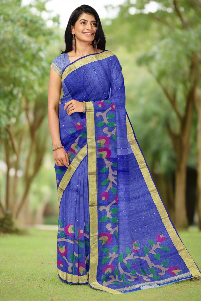 Royal blue Muslin jamdani saree with blouse and handweaving work