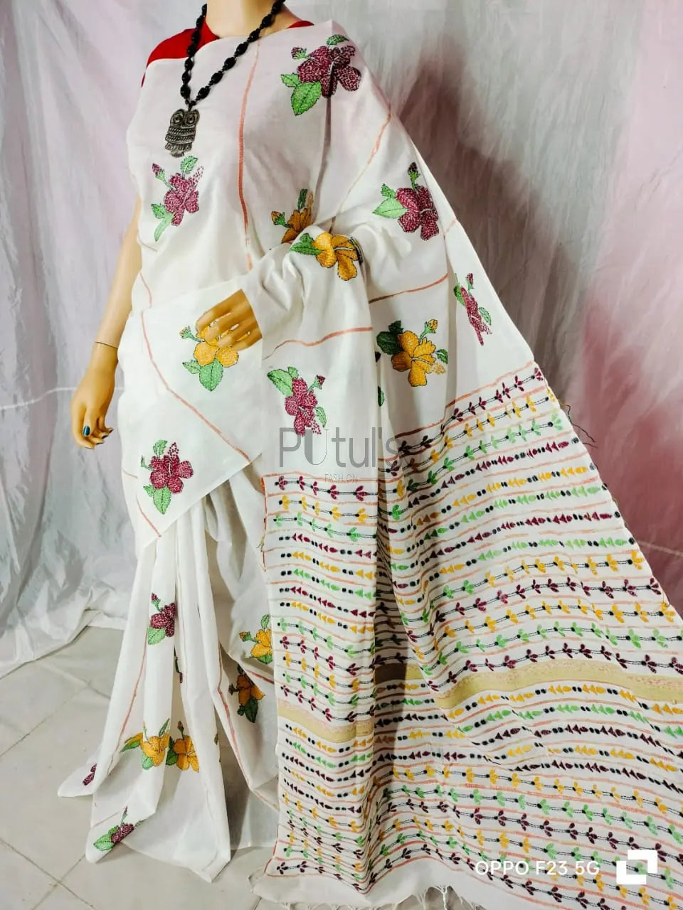 Kantha work on cotton khesh saree Putul's Fashion